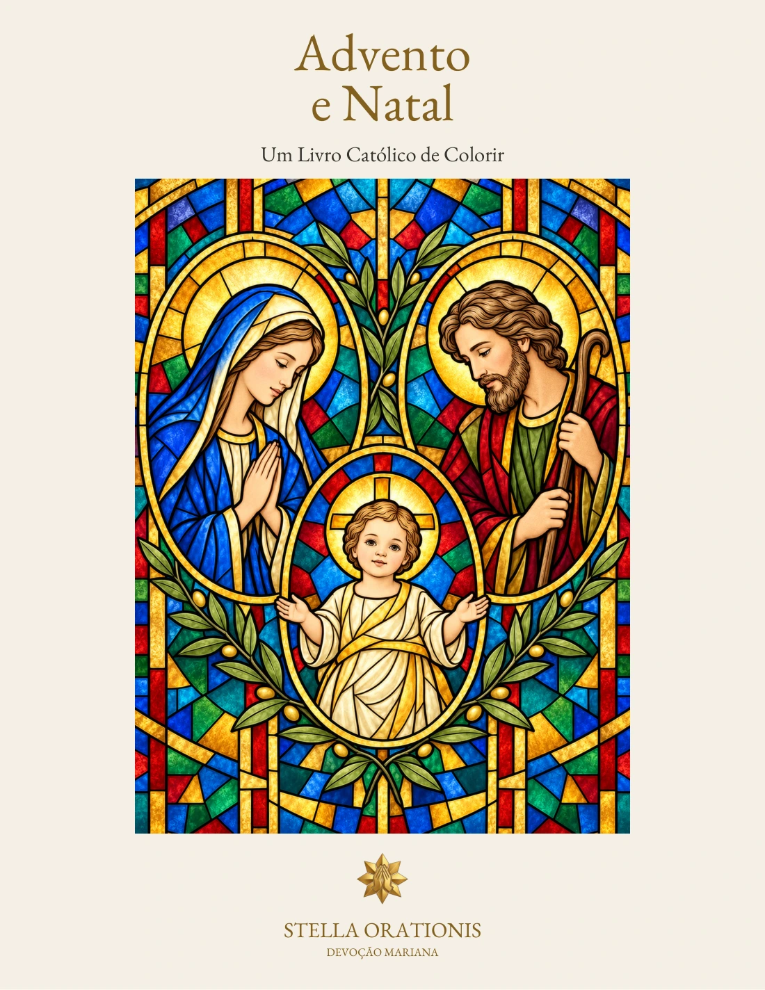 Capa de Advento e Natal, com um vitral colorido da Sagrada Família